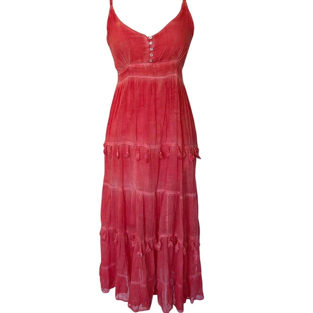 Rhea Maxi Dress Womens Small Orange Excellent Boho Tassel Cotton Tiered